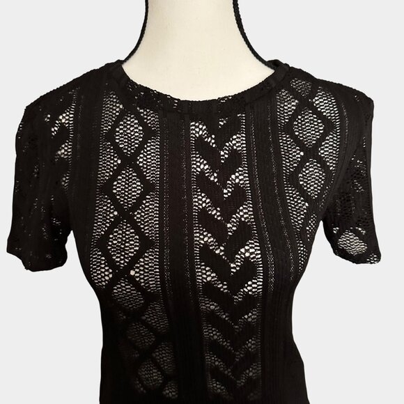Zara Black Lace Knit Short-Sleeve Womens Top Size S Ribbed Hem Elegant Design - Picture 16 of 16